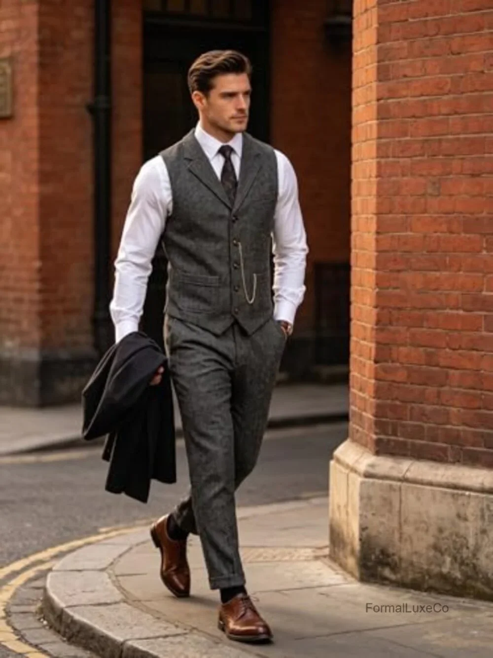 Mens Herringbone Vest Formal Waistcoat Slim Fit Wedding Party